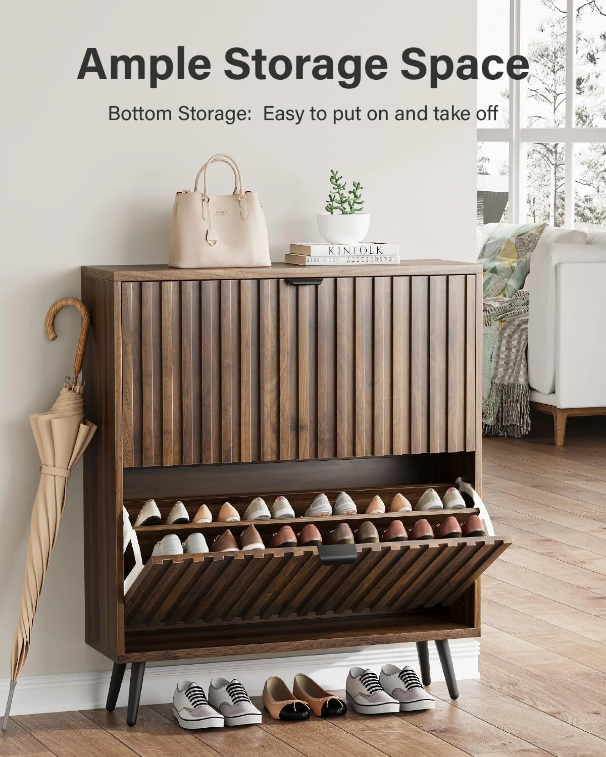Smart FENDEE Shoe Cabinet with 2 Flip Drawers Freestanding 24 Pair Shoe Storage Cabinet for Entryway