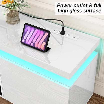 Blotout High Gloss LED TV Stand for up to 80" TVs /40" Electric Fireplace, 71" Large Entertainment Center Console Table with Power Charging Station