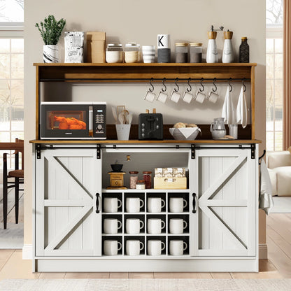 DreamCurship 55" Farmhouse Coffee Bar Cabinet, Buffet Sideboard Storage Cabinet, Wine Bar Cabinet with Wine Rack, White