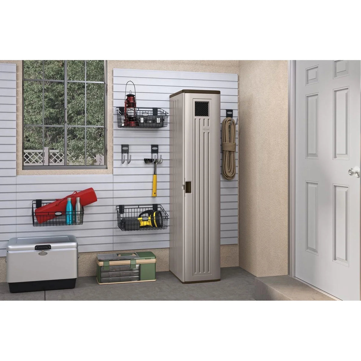 Suncast 72" Resin Outdoor Storage Cabinet with 3 Shelves, Platinum Metallic