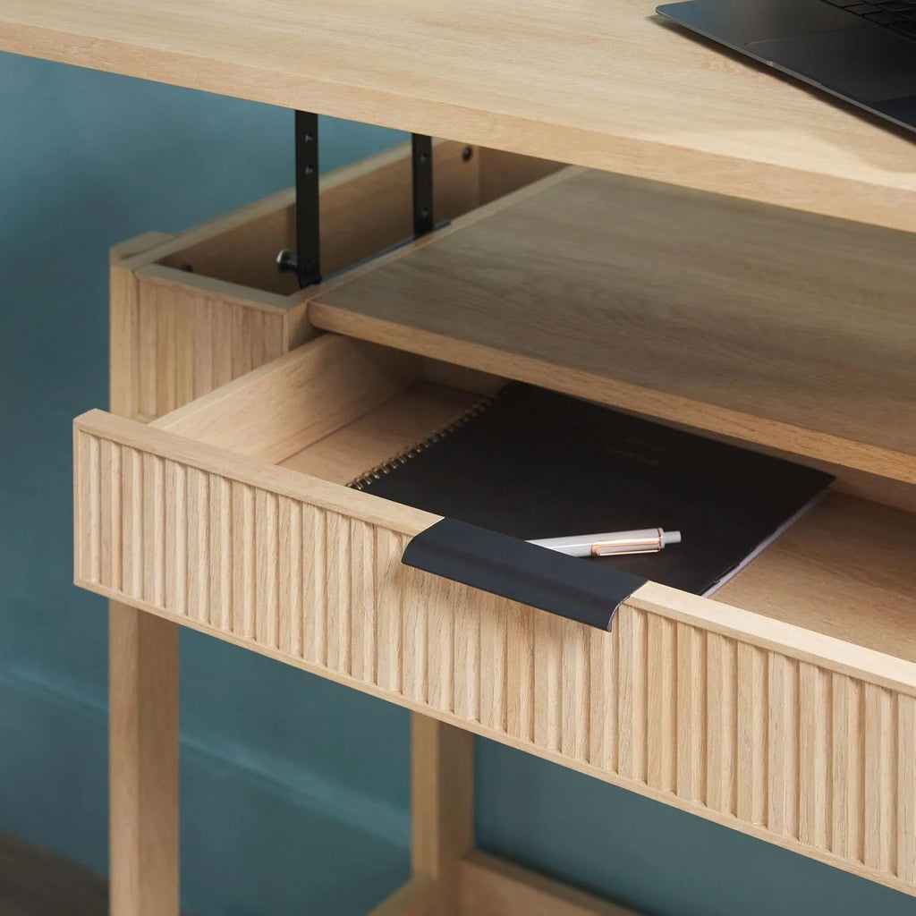 LHHP Transitional Style Furniture, Reeded Detail, Lift-Top Desk with Drawer and Storage Cubby, Sitting to Standing Desk, Soft Self-Close Desktop, 38��W x 16.75��D x 30��H, Coastal Oak