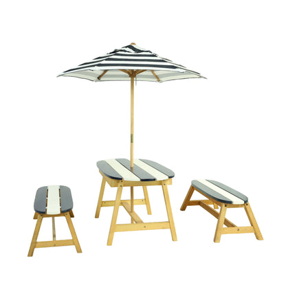 Kids Picnic Table with Umbrella - Dark Blue, Indoor/Outdoor Wooden Table and Bench Set for 4 Children, Play Table for Toddlers, Garden Furniture