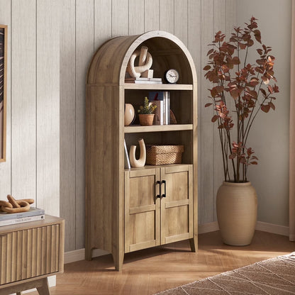 mopio Lauren 65.4" Arched Cabinet, 5-Tier Arched Bookcase with Doors and Shelves, Arched Bookshelf with Storage, Kitchen Pantry Cabinet, Wooden Storage Cabinet for Living Room, Kitchen (Oak)