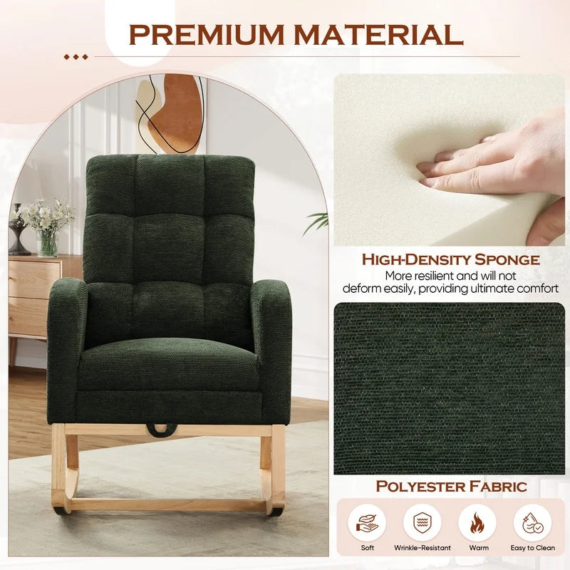 FFH Rocking Chair Nursery, Tufted Accent Rocker Chair, Upholstered Armchair with Adjustable Footrest, Side Pocket, High Backrest, Padded Seat, Polyester Blend (Retro, Dark Gray)