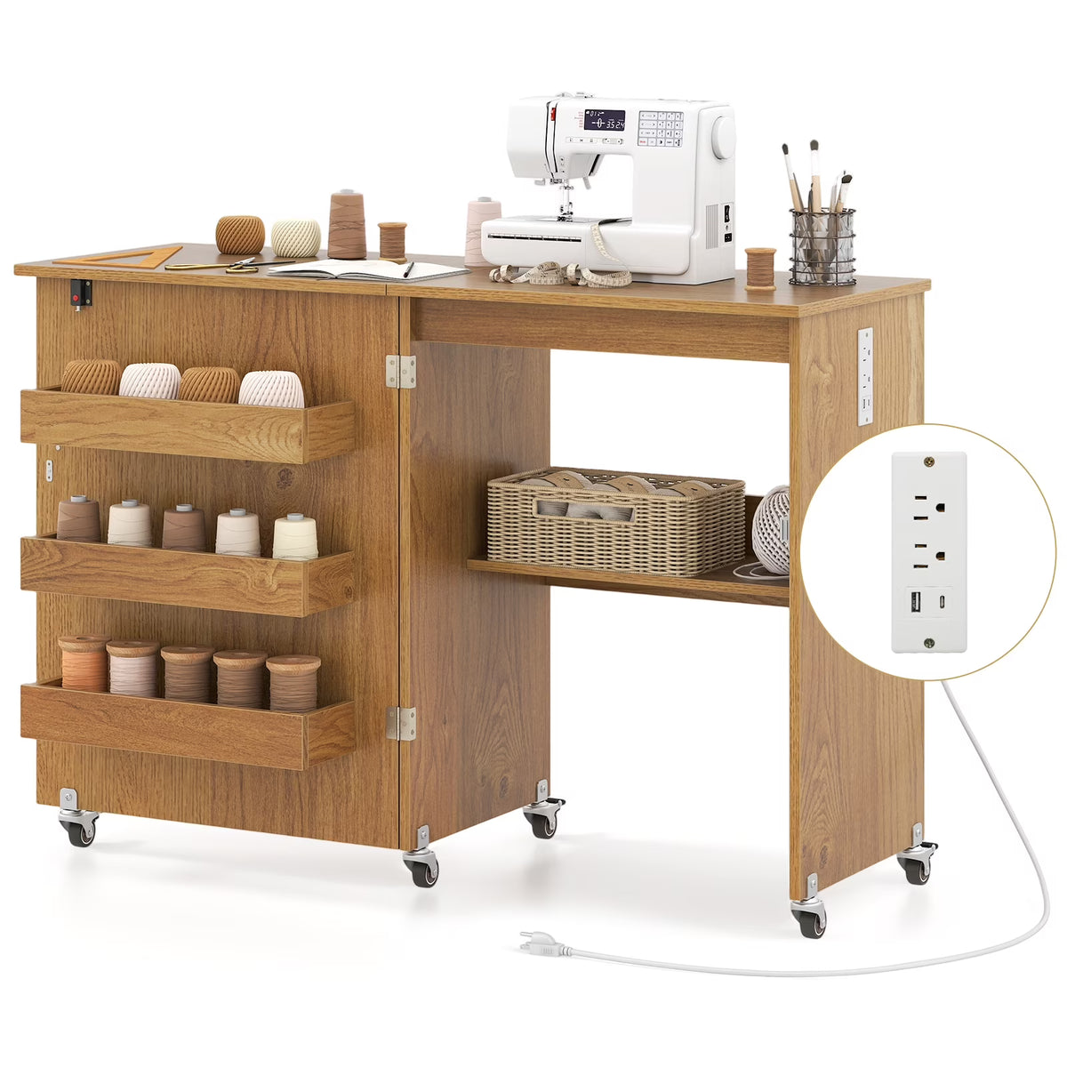 Costway Folding Sewing Table Rolling Craft Station with 3 Storage Bins & Charging Station White+natural