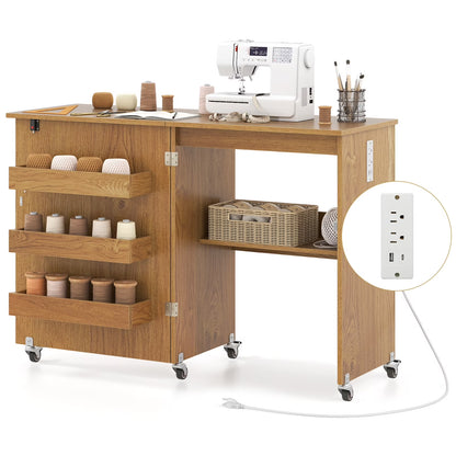 Costway Folding Sewing Table Rolling Craft Station with 3 Storage Bins & Charging Station White+natural