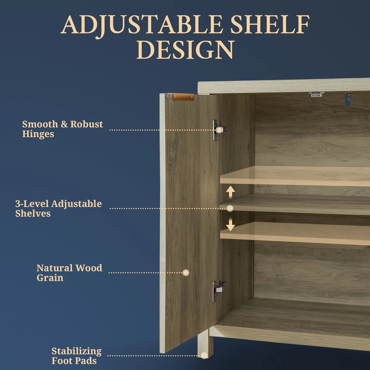 OAKHAM Fluted Sideboard Buffet Cabinet with 4 Doors, Storage Credenza with Adjustable Shelves, Modern Accent Cabinet Console, Sunwashed Ash Oak