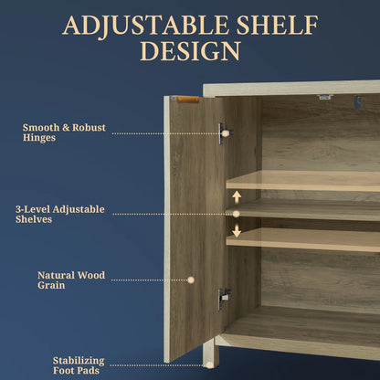 OAKHAM Fluted Sideboard Buffet Cabinet with 4 Doors, Storage Credenza with Adjustable Shelves, Modern Accent Cabinet Console, Sunwashed Ash Oak