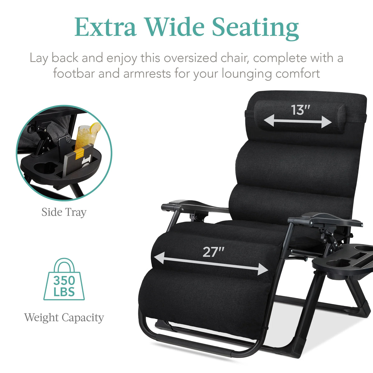 Best Choice Products Oversized Zero Gravity Chair, Folding Recliner w/ Removable Cushion, Side Tray - Fossil Gray