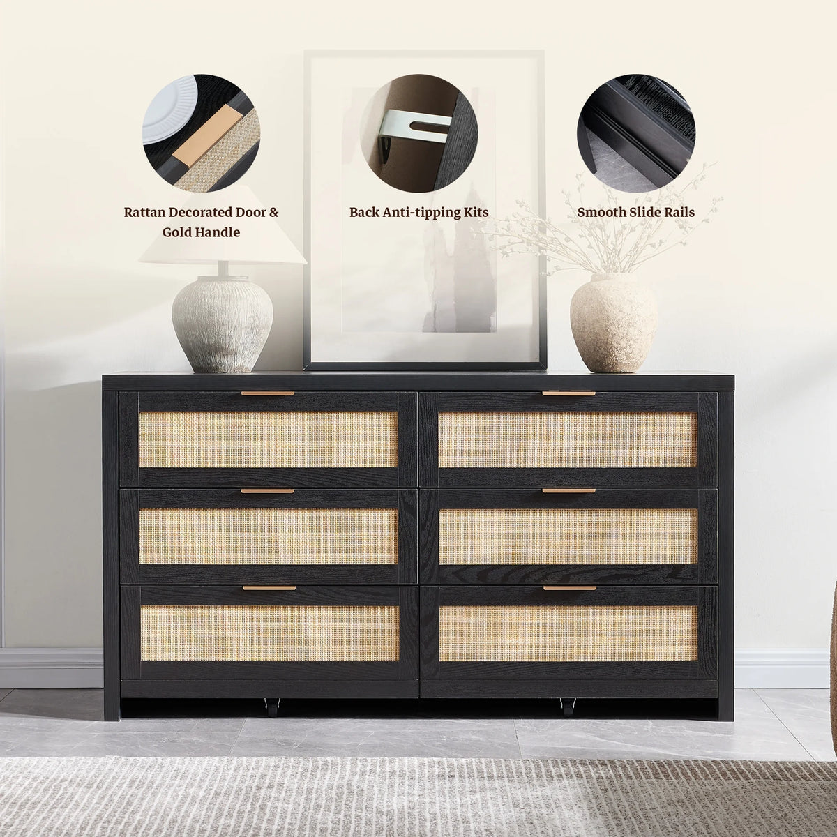 SICOTAS 56.85" 6 Drawer Dresser,Rattan Dresser with Storage,Boho Dressers & Chests of Drawers Wooden Tall  Dresser for Bedroom