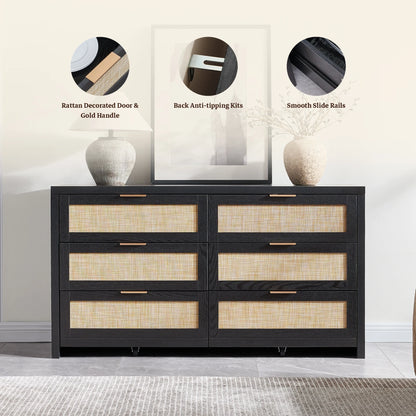 SICOTAS 56.85" 6 Drawer Dresser,Rattan Dresser with Storage,Boho Dressers & Chests of Drawers Wooden Tall  Dresser for Bedroom