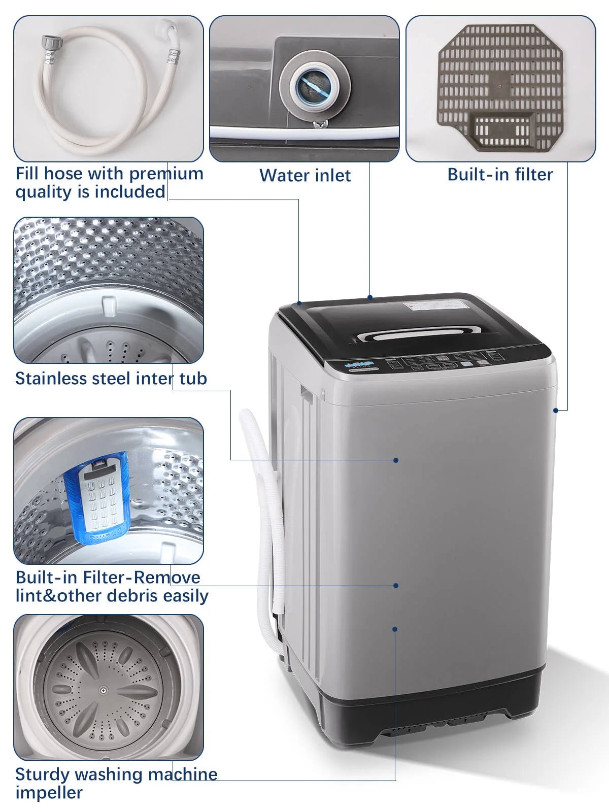 Krib B Full Automatic Washing Machine with Drain Pipe, 17.7 lbs Portable Washers with 10 Programs & 8 Water Levels, Suitable for Apartment, Dorm, Grey