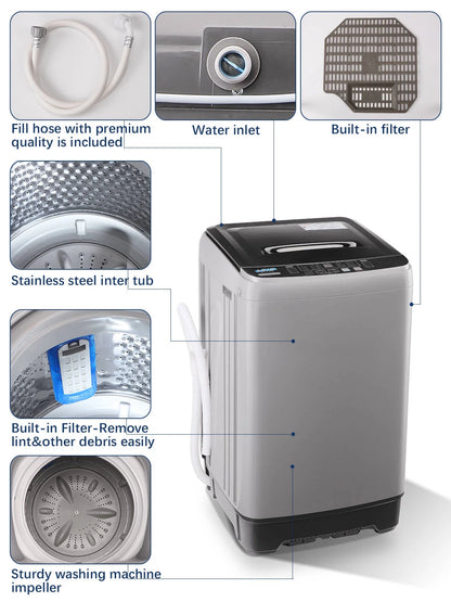 Krib B Full Automatic Washing Machine with Drain Pipe, 17.7 lbs Portable Washers with 10 Programs & 8 Water Levels, Suitable for Apartment, Dorm, Grey