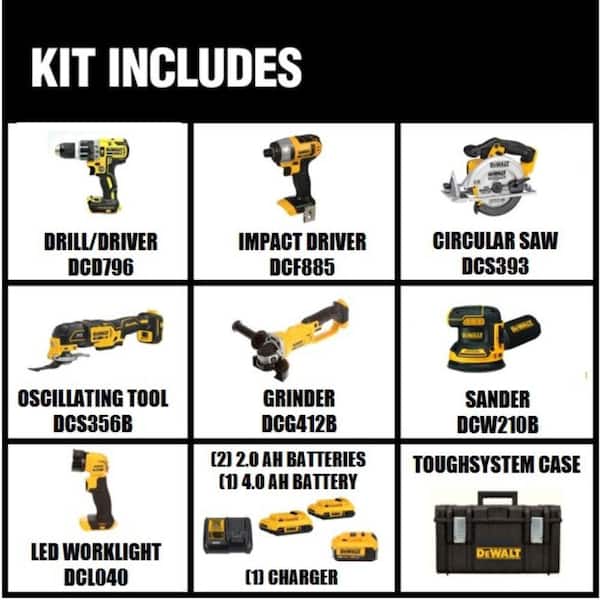 20V MAX Cordless 7 Tool Combo Kit with TOUGHSYSTEM Case, (1) 20V 4.0Ah Battery and (2) 20V 2.0Ah Batteries