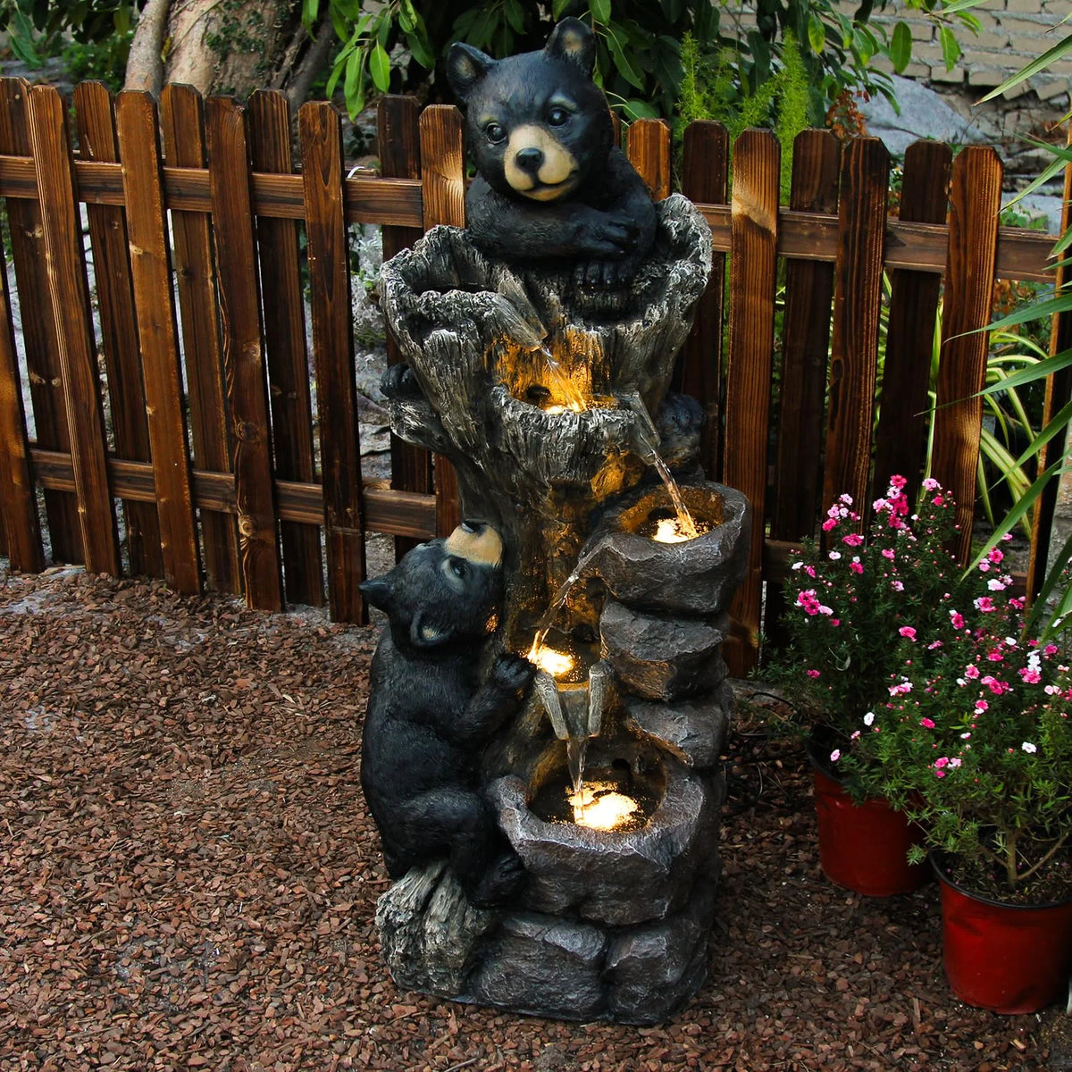40.16" H 5 Tier Outdoor Fountain Black Bears Climbing Tree Garden Water Fountain Outdoor Water Feature Resin for Farmhouse Patio Yard Deck Home Lawn Porch House Relaxation Exterior Balcony