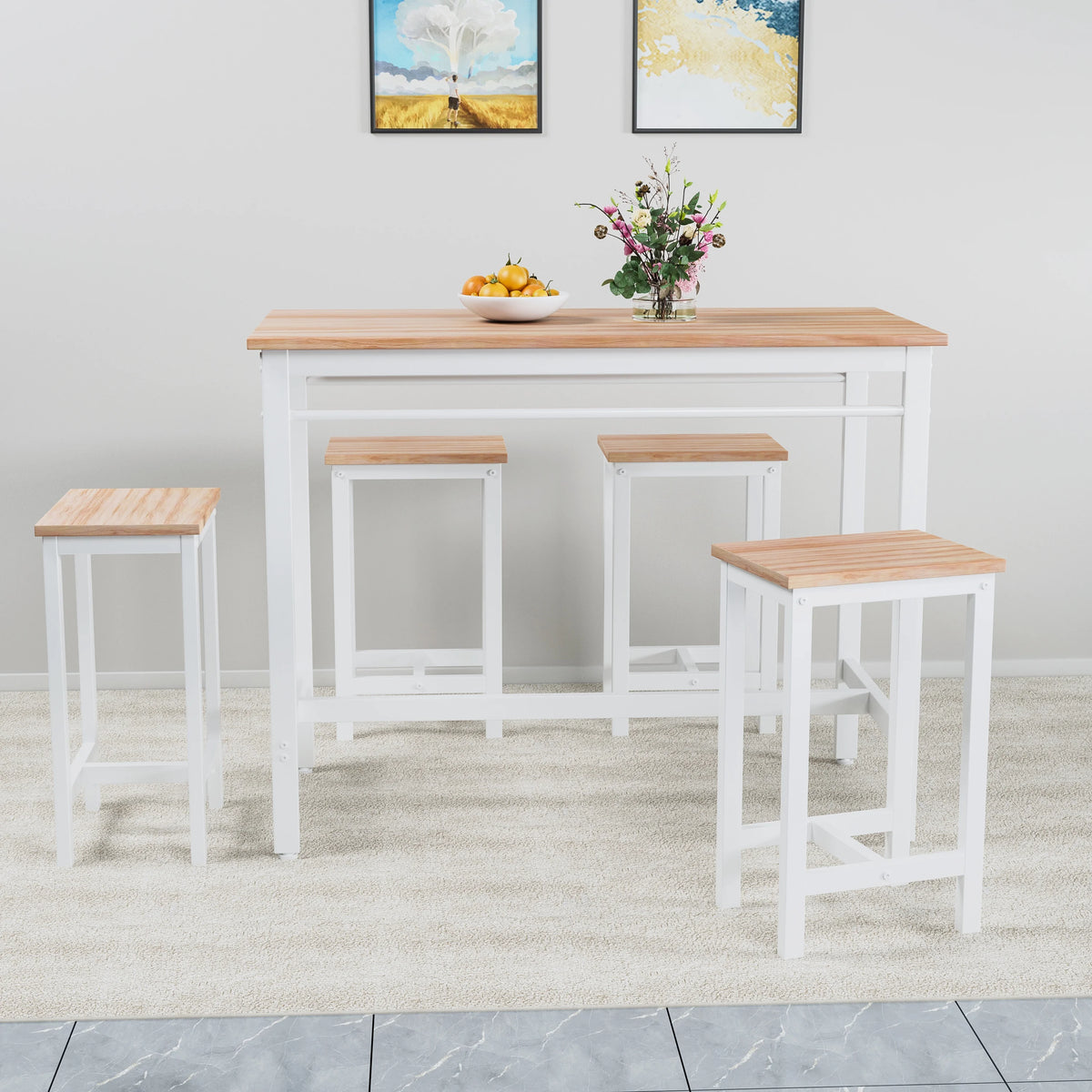 Counter Height Table Set of 5, Breakfast Bar Table and Stool Set, Minimalist Dining Table with Backless Stools, Wood Top Pub Table & Chair Set for Kitchen Apartment Bistro - Space Saving
