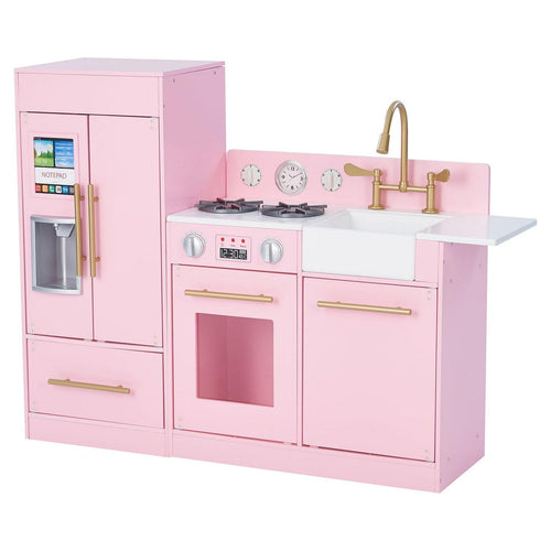 Teamson Kids Little Chef Charlotte Wooden Play Kitchen Set for Toddlers. Pretend Cooking Playset with Stove. Sink &amp; Fridge. Pink/Gold