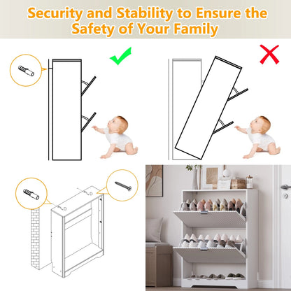 FANRAL Shoe Cabinet with 2 Flip Drawers & Open Storage,Fluted Shoe Storage Cabinet Rack Organizer with Adjustable Shelves for Entryway,Closet,Hallway,White