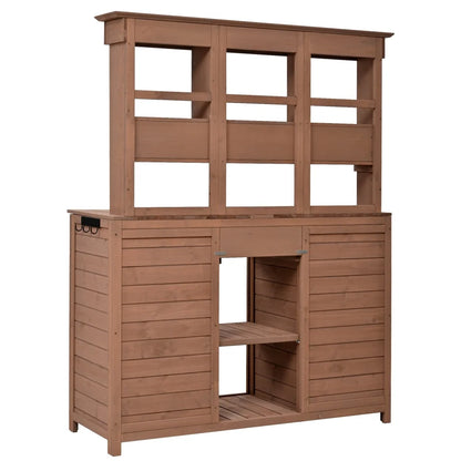 Rustic 65.7'' Tall Garden Potting Bench Table with Hutch, 3 Shelves, 6 Drawers, 2 Cabinets & 3 Side Hooks for Mudroom, Patio, 3 Color