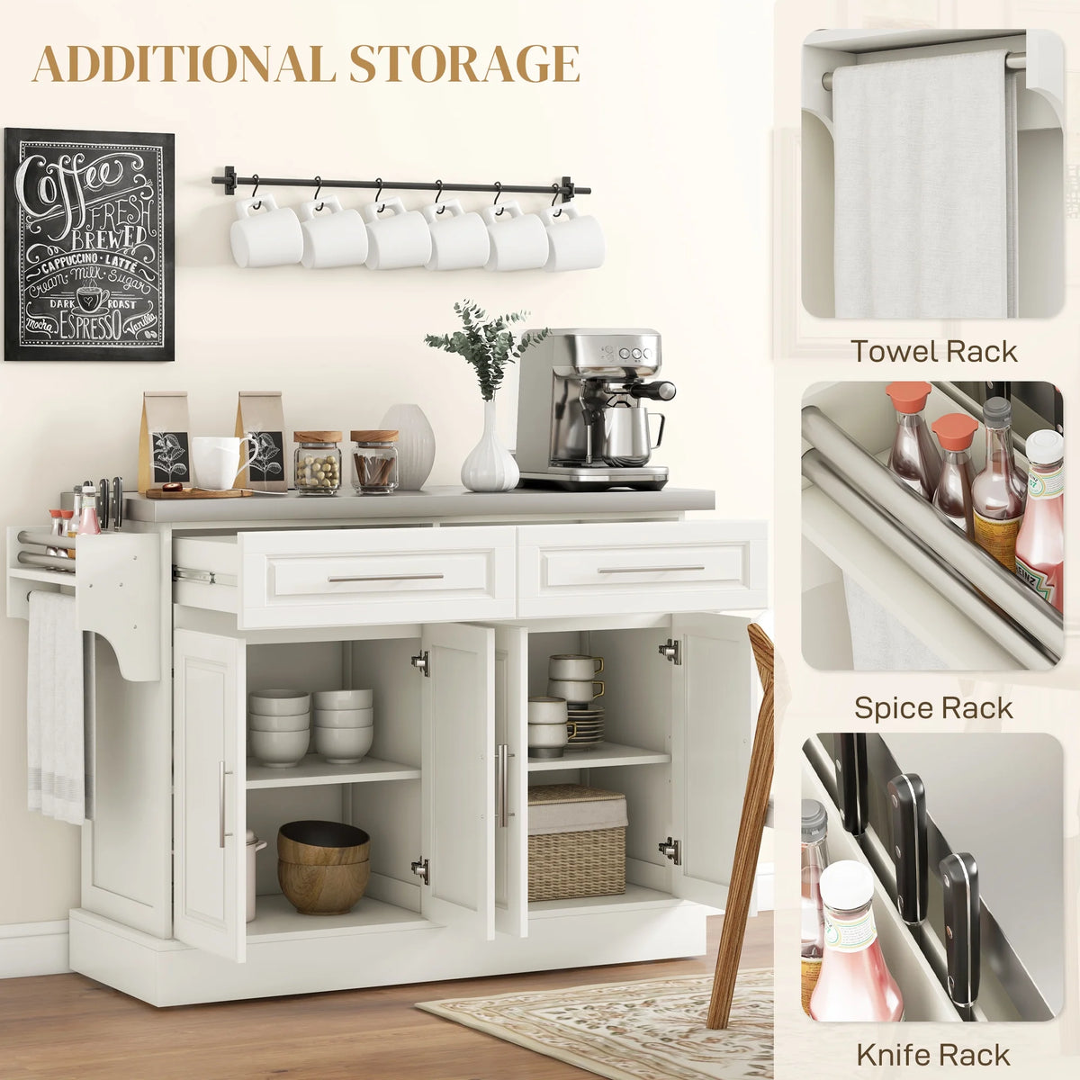 HOMCOM Multi-functional Rolling Kitchen Island Cart with Cabinets and Drawers, Portable Kitchen Storage Cabinet with Spice Rack, Towel Rack, Knife Rack, Steel Top