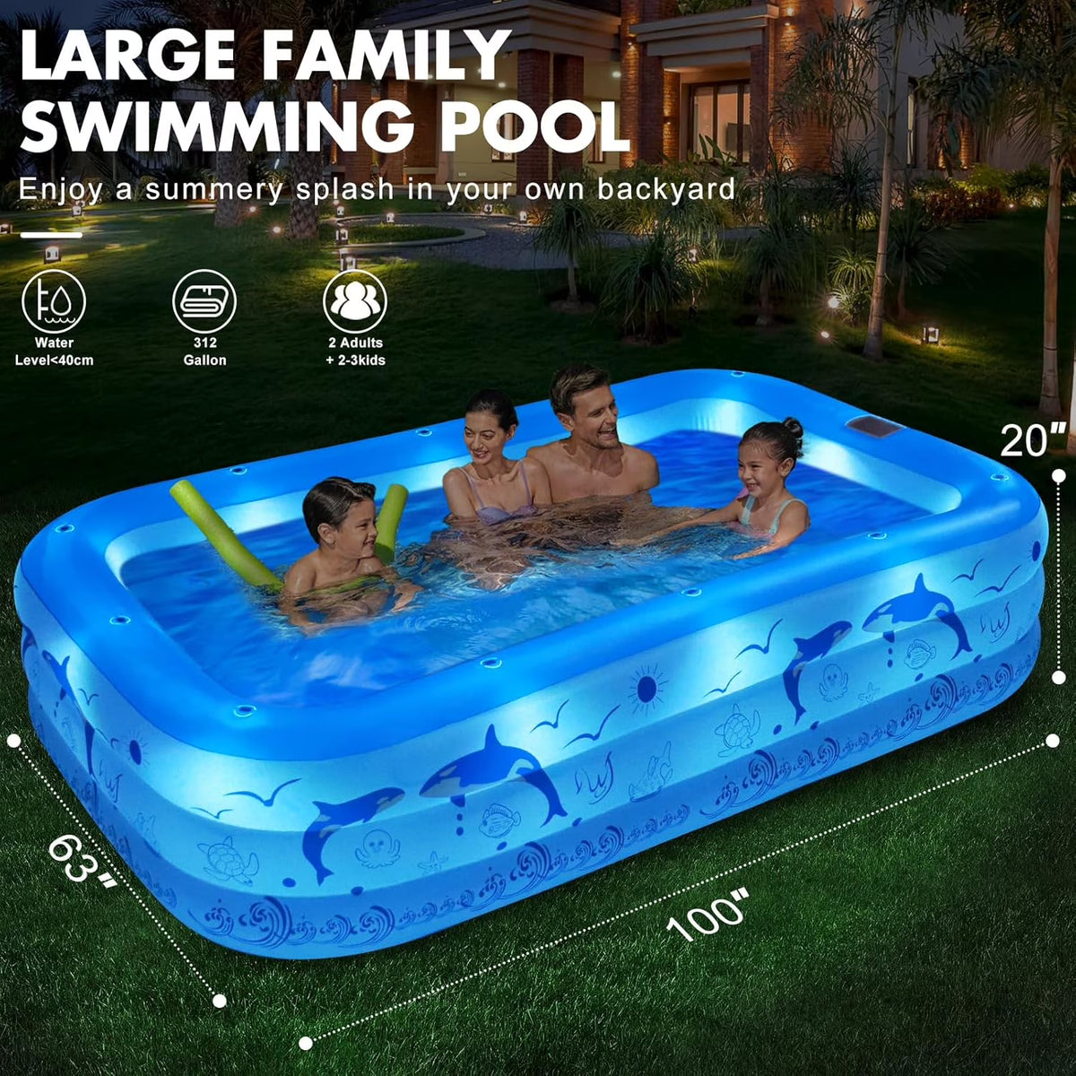 2025 Upgrade Inflatable Pool with Lights,  Powered Family Swimming Pool for Kids & Adults,  Thickened Backyard Pool - Blue