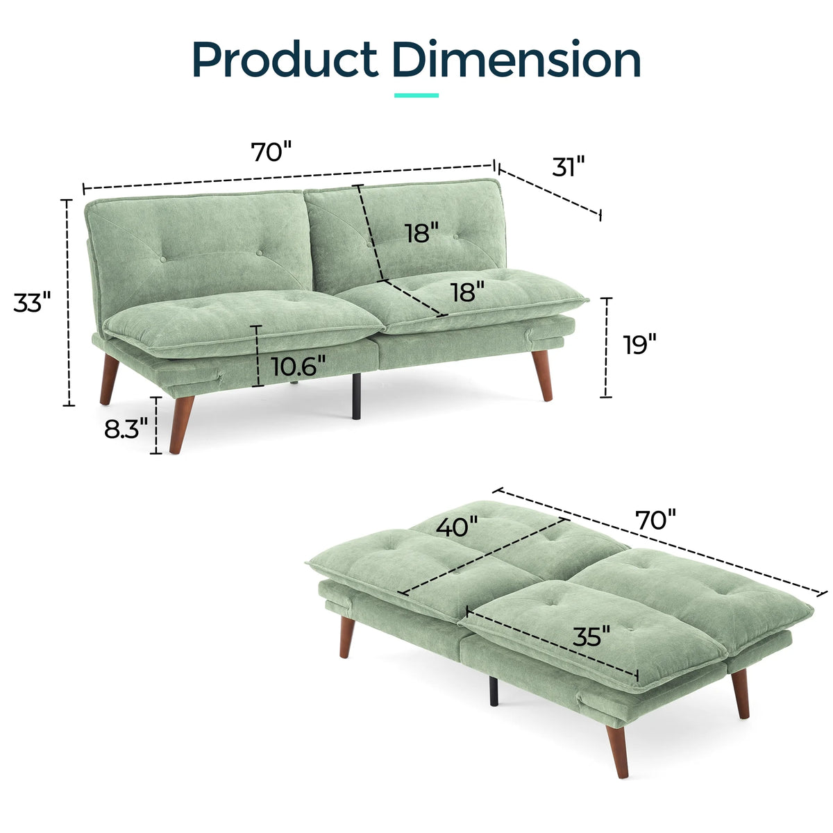 Linsy Home 70" W Chenille Convertible Futon Sofa Bed with Adjustable Armrests, Green