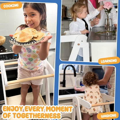 HARPPA Foldable Toddler Kitchen Tower, Standing Tower for Kids Age 1.5-6 Years, White