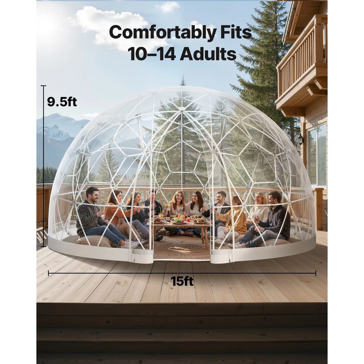 KFFKFF Outdoor Garden Dome, 15 x 9.5 ft Clear Bubble Tent for 10-14 People, Weather-Resistant Geodesic Greenhouse with Window, PVC Dome Tent for Patios, Camping, Parties, and Weddings