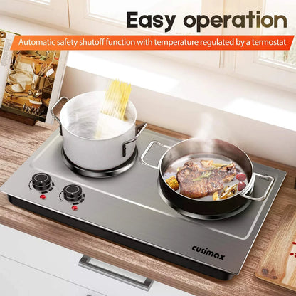 CUSIMAX 1800W Portable Double Burner Hot Plate �?Stainless Steel Countertop Electric Cooktop with Dual Cast Iron Heating Plates, Easy-to-Clean Silver Design, Upgraded Version