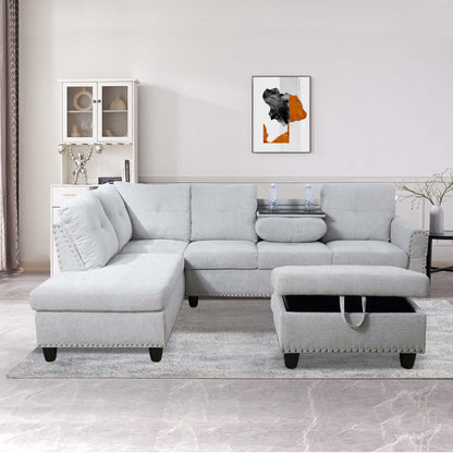 Aukfa 3 Piece Sectional Sofa, Living Room Couch with Storage Ottoman&Cup Holder, Linen, Right Hand, Purple