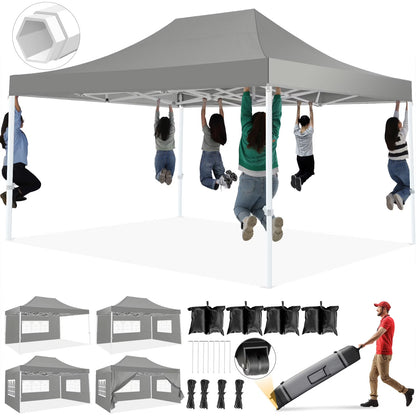 HOTEEL 10x15 Heavy Duty Canopy Tent - Commercial Pop Up with UV50+, Thick Hexagonal Frame, 4 Sidewalls, Anti-Pooling Design & Roller Bag (Black)