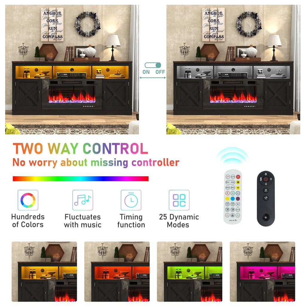 ChVans 70" Fireplace TV Stand for TVs up to 80" with 36" Electric Fireplace, Farmhouse Entertainment Center with LED, Wooden Media Console for Living Room, Bedroom