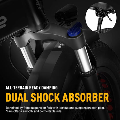 Heybike Mars Electric Bike Foldable 20" x 4.0 Fat Tire Electric Bicycle with 500W Motor, 48V 12.5AH Removable Battery, Dual Shock Absorber Ebike for Adults