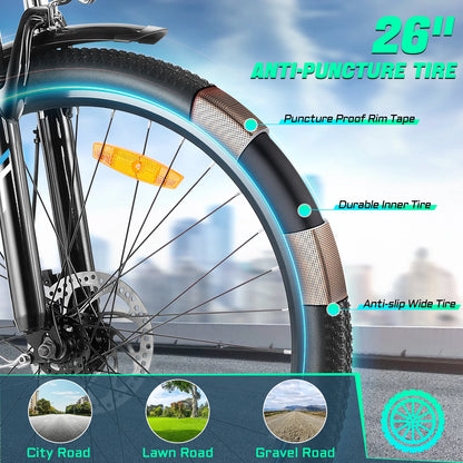 Gocio 26" Electric Bike for Adults, 500W Electric Cruiser Bike, 48V/7.8Ah Removable Battery, 7 Speed, City Commuting E-bike, UL2849
