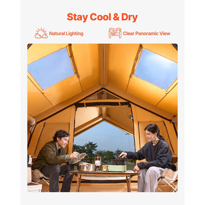KFFKFF Inflatable Camping Tent for 8-12 Person, 15.75 x 11.81 x 7.22 Ft Glamping Blow up Tent with Hand Pump, Waterproof Air Tent, All-Weather Camping Shelter with Dual Sunroofs, Stove Jack