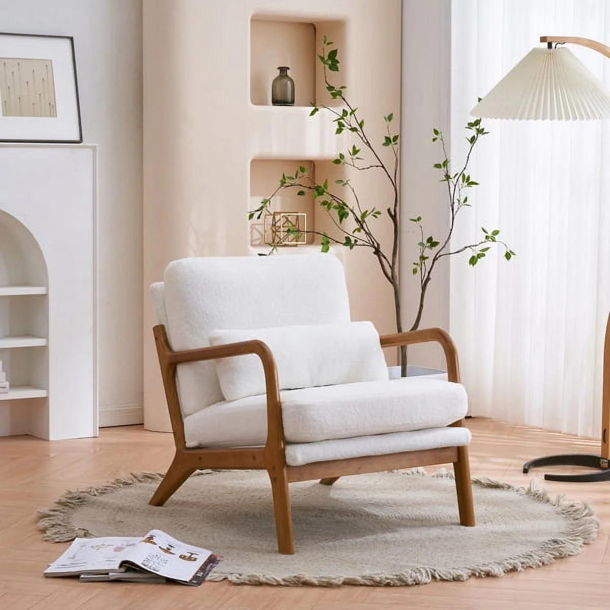 Accent Chairs, Single Linen Lounge Reading Armchair with Solid Wood Frame, Mid Century Modern Easy Assembly Arm Chairs for Living Room-Beige