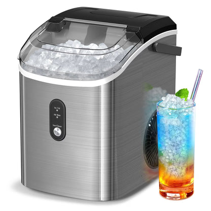 Auseo SS Nugget Countertop Ice Maker with Soft Chewable Ice, 35Lbs/24H, Self-Cleaning, Ice Scoop, Stainless Steel Silver, for Kitchen/Office/Party
