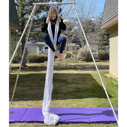 Kojem 97"/2.46m Aerial Stand Yoga Frame Portable Rig Yoga Swing Bar 551 LBS/250KG Indoor Outdoor Aluminum �?Nylon with 39Ft/11.8m Aerial White Silk Yoga Hammocks