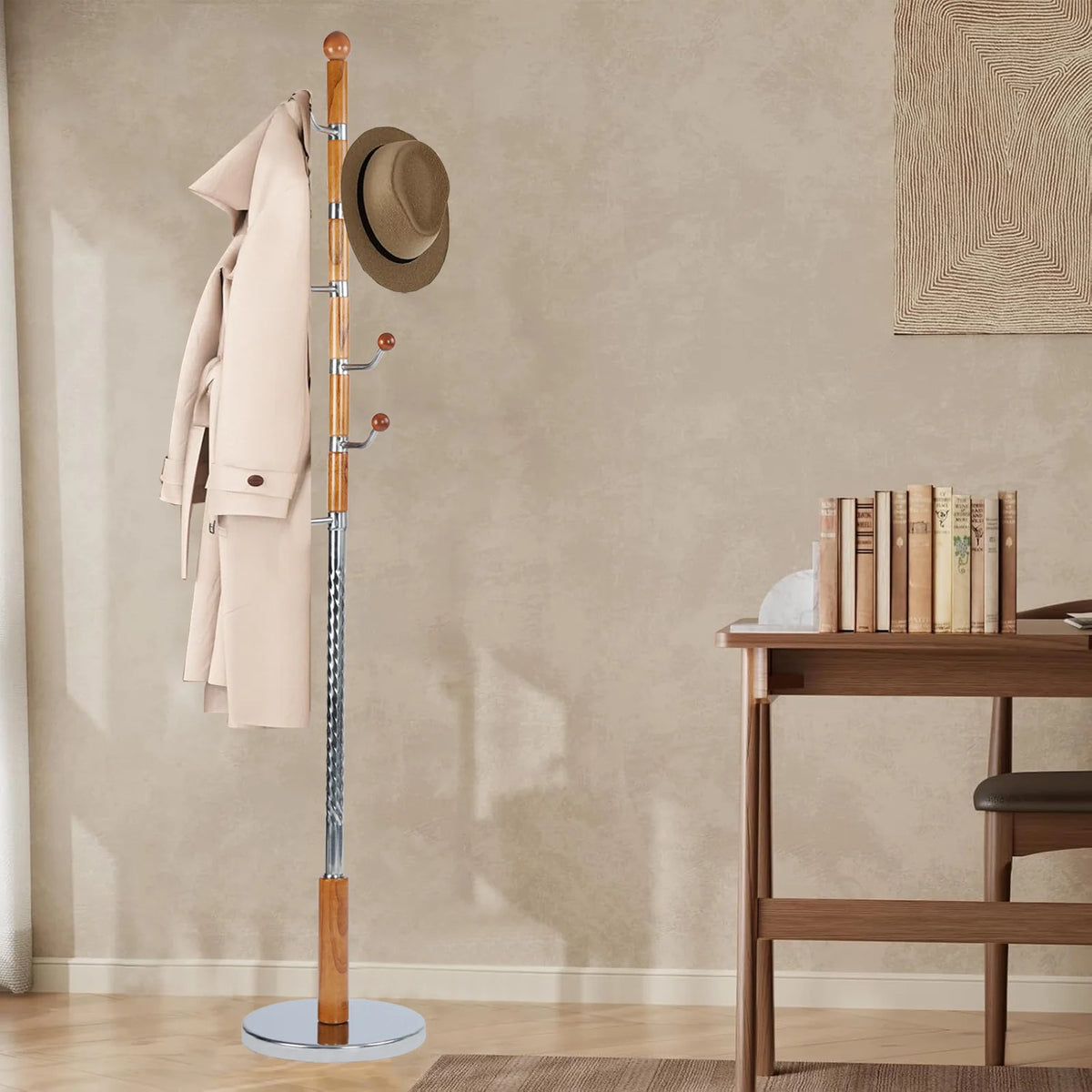 Coat Rack Freestanding, Hall Tree with 11 Hooks, Heavy Duty Wooden Coat Tree Stand, Adjustable Height, Sturdy Base for Bedroom Hallway Office - Load 270lbs