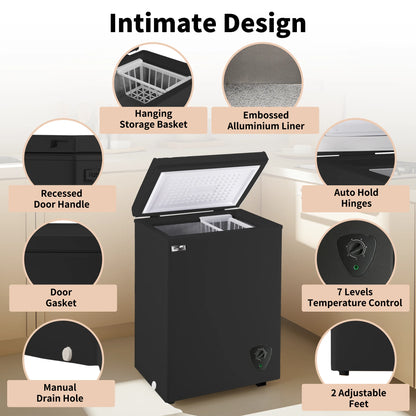 WANAI 3.5 Cubic Chest Freezer with Top Open Door,Removable Storage Basket,7 Gears Temp Control,Energy Saving,Black