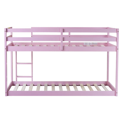 Twin Over Twin Floor Bunk Bed, UHOMEPRO Solid Wood Low Bunk Bed with Safety Rail, Ladder, Heavy Duty Bunk Beds, Space-Saving Bedroom Dorm Furniture, Gray