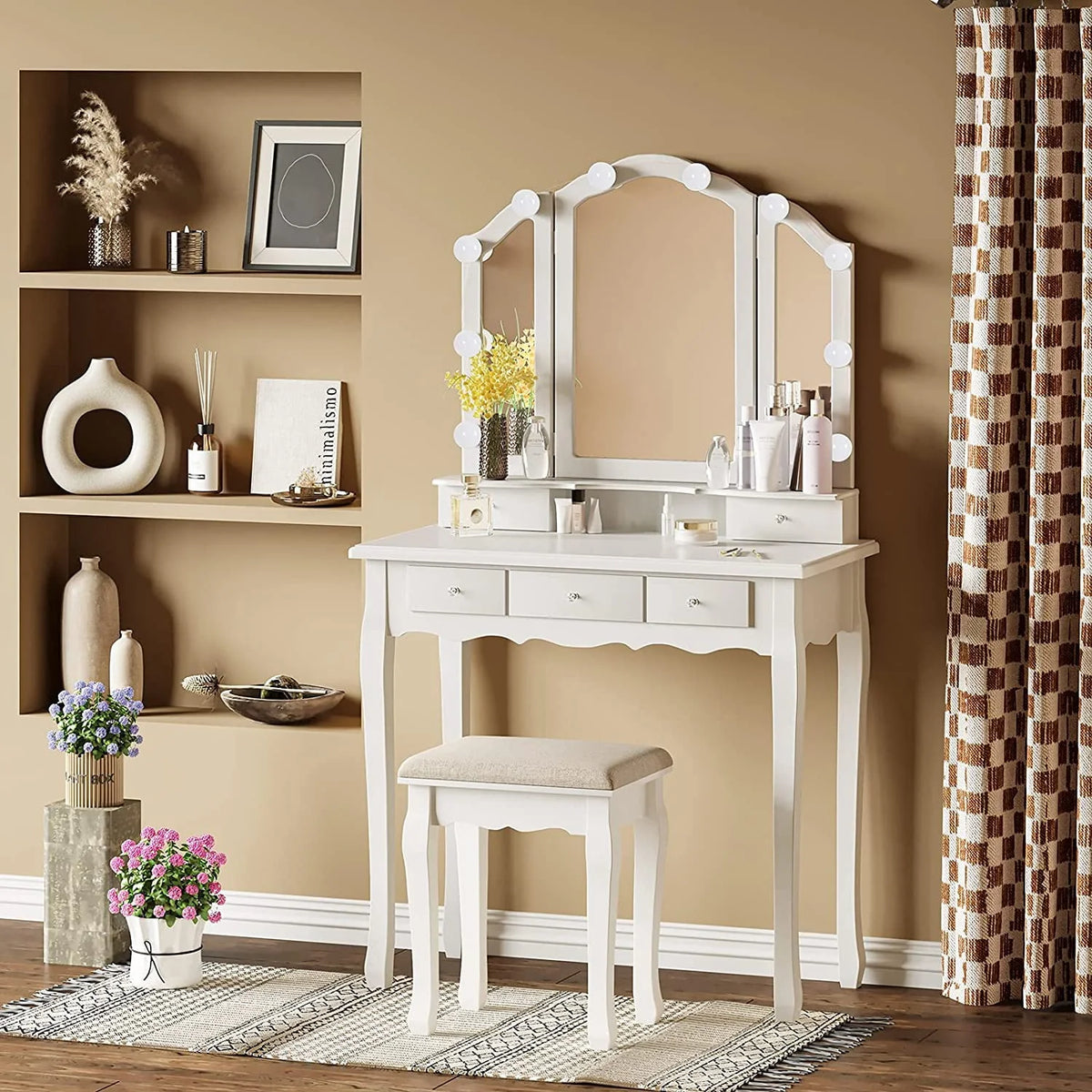 Tiptiper Vanity Table Set with Lighted Tri-Fold Mirror and Stool, Makeup Vanity Dressing Desk 5 Drawers, White