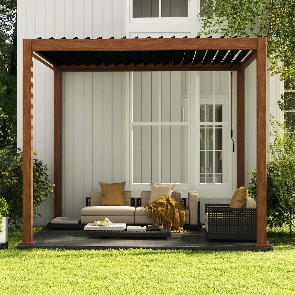 Mirador 10'x 10' 111S Outdoor Aluminum Pergola w/ Adjustable Rainproof Louver for Garden, Patio, Backyard, Takasho/Wood Grain