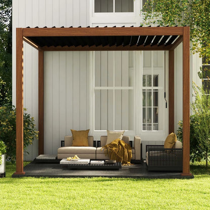Mirador 10'x 10' 111S Outdoor Aluminum Pergola w/ Adjustable Rainproof Louver for Garden, Patio, Backyard, Takasho/Wood Grain