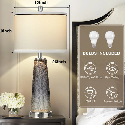 Cinkeda Modern Table Lamp Set of 2 for Bedroom Living Room with USB A+C Ports AC Outlet Gradient Grey Glass Nightlight Nightstand Bedside Lamps