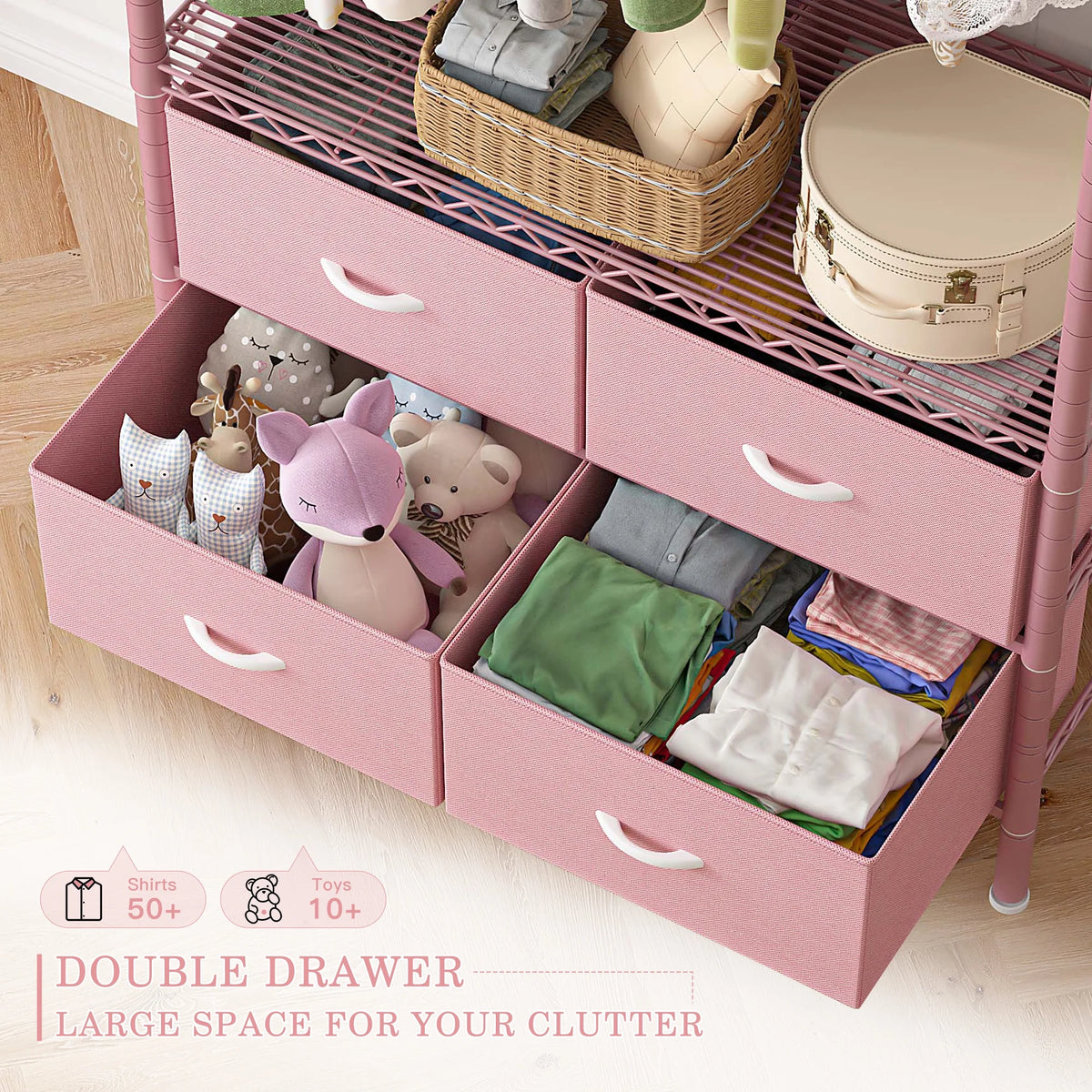 71" H Clothes Rack with Fabric Drawers, Freestanding Garment Rack with Metal Wire Shelf, Pink