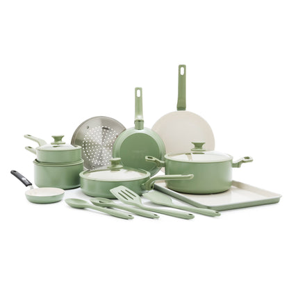 GreenPan Essence 17-Piece Ceramic Nonstick Cookware �C Toxin-Free, Dishwasher & Oven Safe, Green