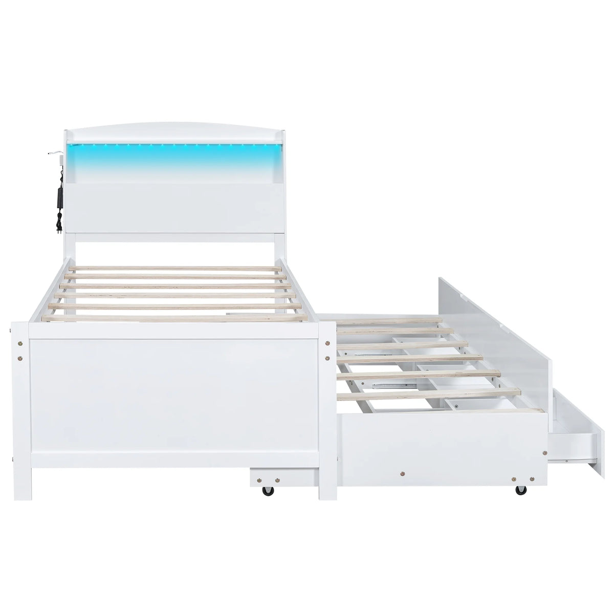 Euroco Wood Twin Size Platform Bed with Storage Headboard, Drawers Trundle and LED Light, White