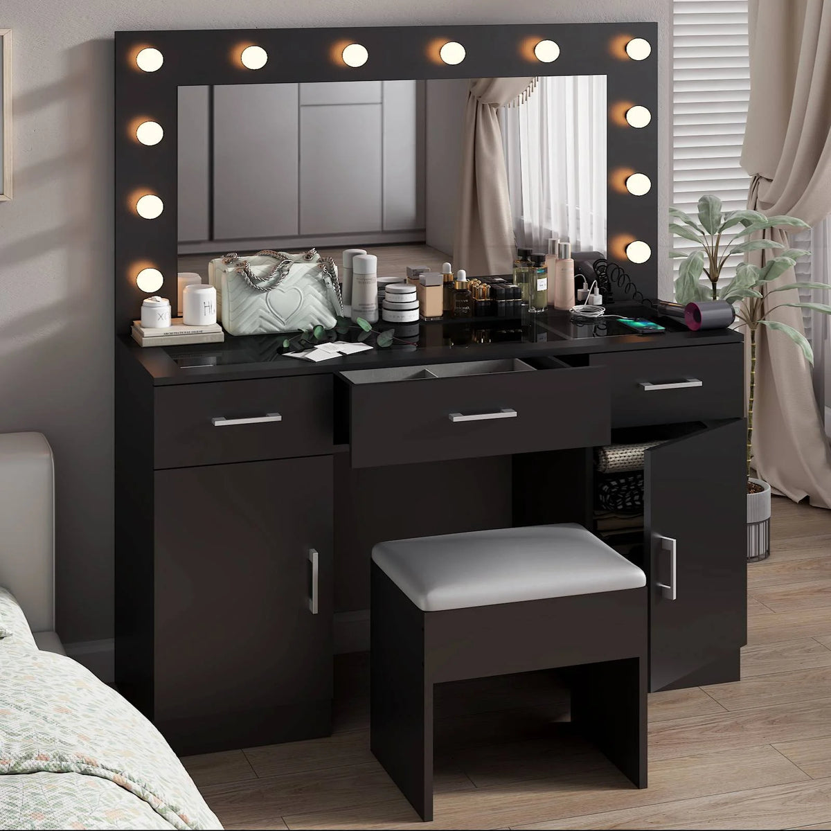 Ktaxon Large Makeup Vanity, Vanity Table Set w/ Visible Glass Top w/ Charging Station, White