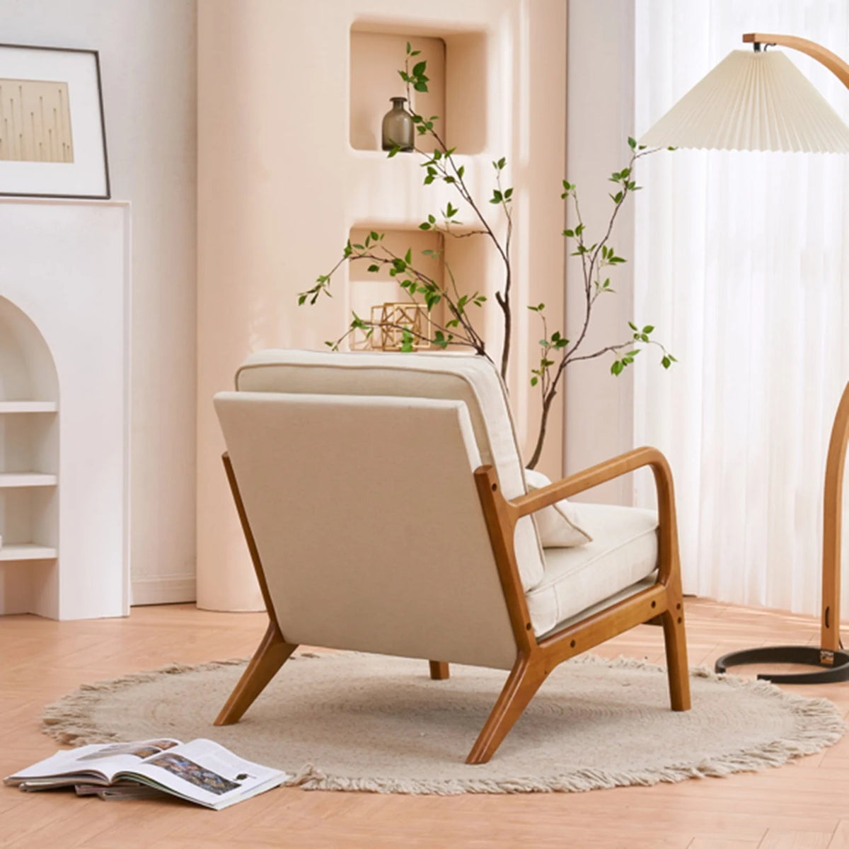 Accent Chairs, Single Linen Lounge Reading Armchair with Solid Wood Frame, Mid Century Modern Easy Assembly Arm Chairs for Living Room-Beige